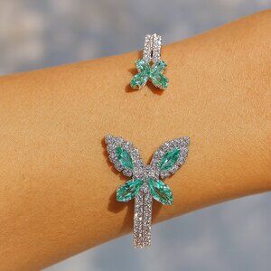 Cubic Zirconia Butterfly Cuff Bracelet Silver Toned Green Bling Elegant